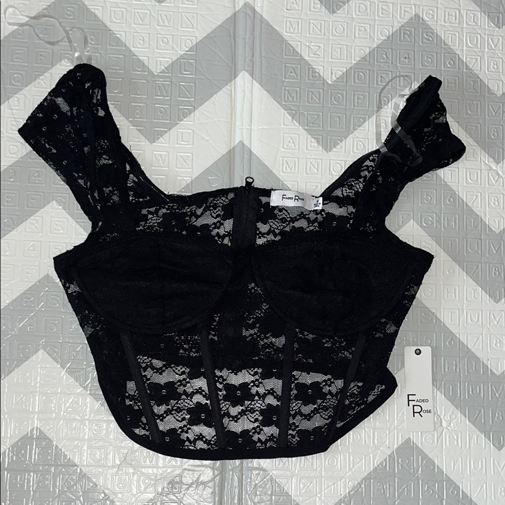 Black Lace  flower Women's Top with zipper size medium